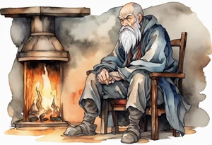 a Medieval man with a grey beard scowling sitting by the hearth tattoo idea