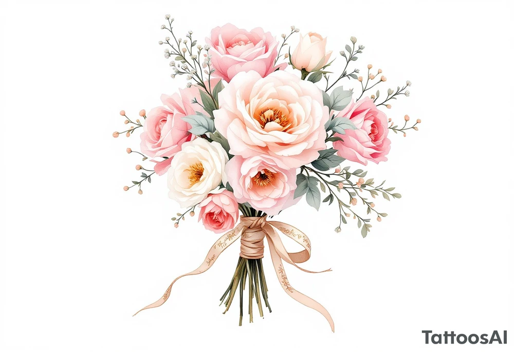 A delicate, hand-tied bouquet of roses, peonies, and baby’s breath, with soft pink, ivory, and pastel peach petals. The stems are wrapped in a silk ribbon with golden embroidery, flowing gently in the wind. Subtle watercolor shading creates a dreamy, romantic feel. tattoo idea