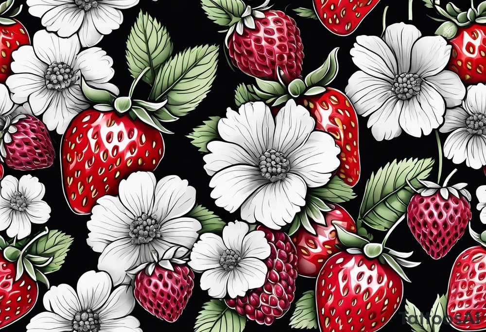 Strawberry, raspberries,  mixed with flowers, 3d tattoo, long leg piece, high detail tattoo idea