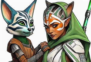 Ahsoka teaching young grogu who is wearing mandalorian armor crouching with a green lightsaber tattoo idea