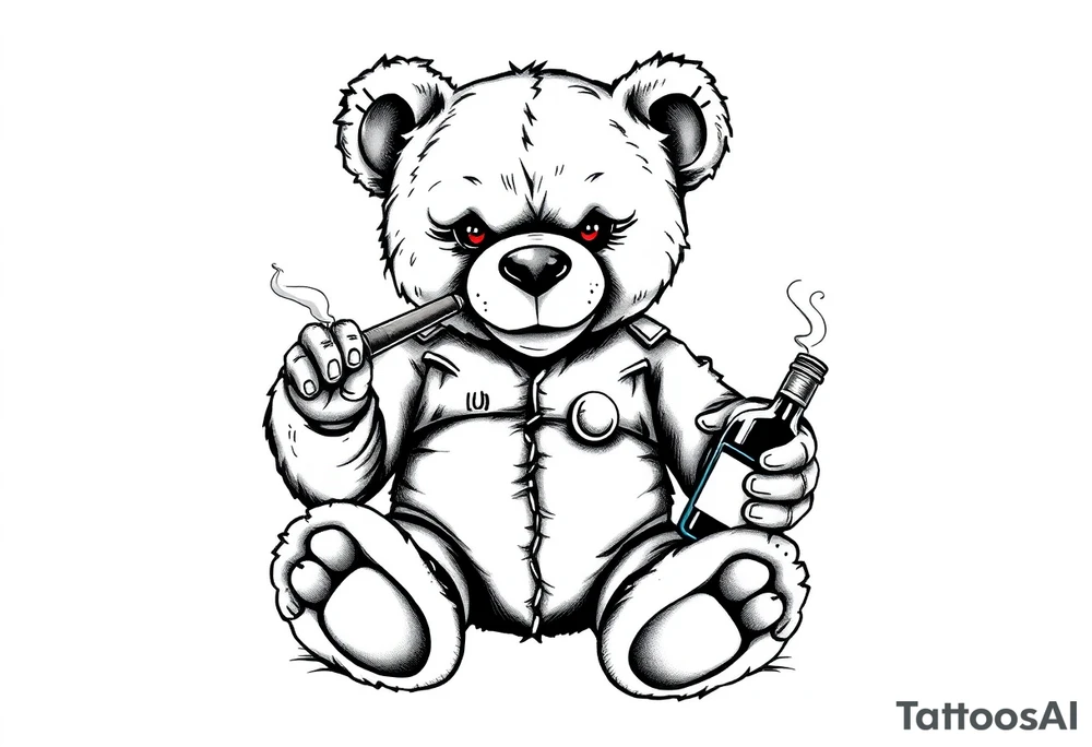 "A black and white realistic tattoo design of a rebellious teddy bear. The bear looks worn out, with visible stitches, a torn ear, and a button eye. It sits in a relaxed pose, holding a smoking cigar in one paw and a whiskey bottle in the other. Some stuffing is peeking through its seams. The bear has a smug expression, and its eyes glow red as a minimal color accent. The style is detailed, dark, and edgy, perfect for a tattoo. tattoo idea