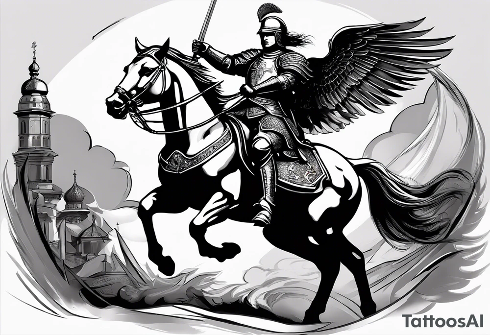 **Main Theme**: A Hussar on horseback in full armor, dynamically portrayed in the middle of a charge. The Hussar's wings are clearly visible, adding dynamics to the composition.
   - Archangel Michael positioned in the background, with a raised sword ready for battle, armed with a shield.
   - The Hussar is holding a banner showcasing the White Eagle.
   - Elements of the Arch tattoo idea