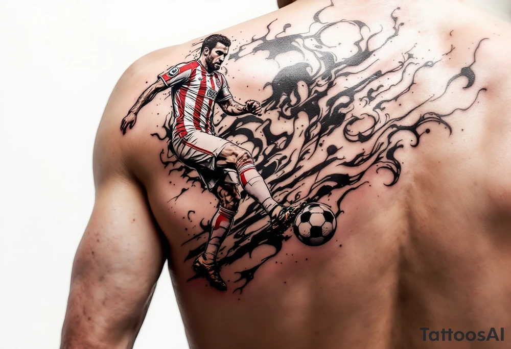 A realistic figure of a Slavia striker in full red-and-white kit dribbling a black and white ball across the forearm. tattoo idea