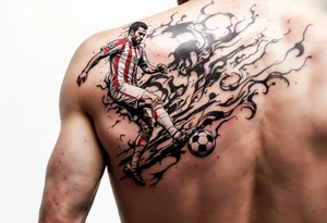 A realistic figure of a Slavia striker in full red-and-white kit dribbling a black and white ball across the forearm. tattoo idea