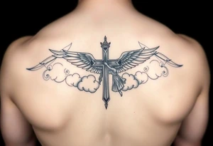 add cross neklace with one angel and some details cloud forearm tattoo idea