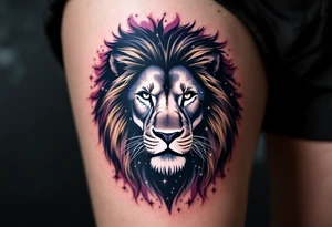 The Leo stars constellation connect across a navy and plum background, surrounding a lion’s silhouette inked in rich mahogany. tattoo idea