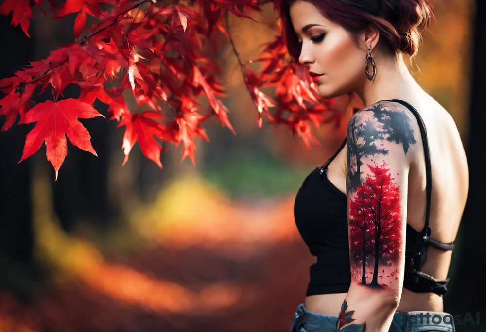 trash polka style. Arm tattoo. chest tattoo. Long tattoo. large tattoo. Full sleeve. Shoulder. A single large maple tree with red autumn leaves that branches upwards from wrist to shoulder. White-throated dipper bird on the trees branches. Calluna flowers at the base of the trees stem. Red/yellow sunset behind the trees stem. Leaves falling. tattoo idea