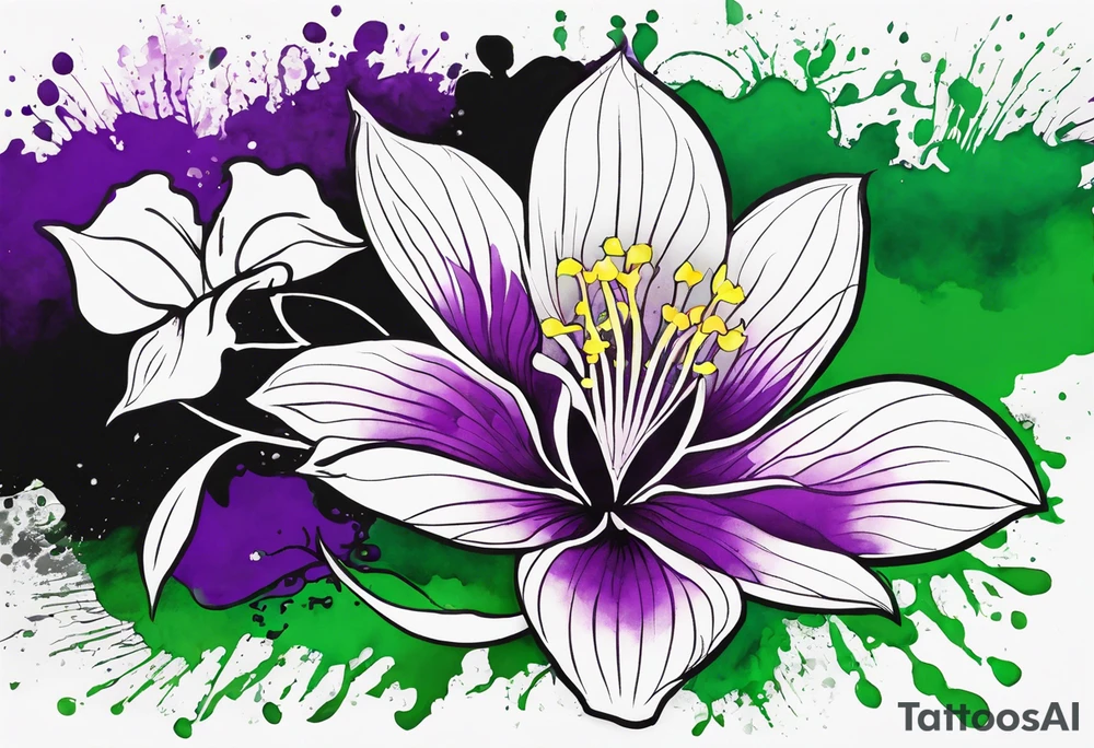 A mystical outline of a rio dipladenia flower and a green and purple watercolor splash in the background tattoo idea