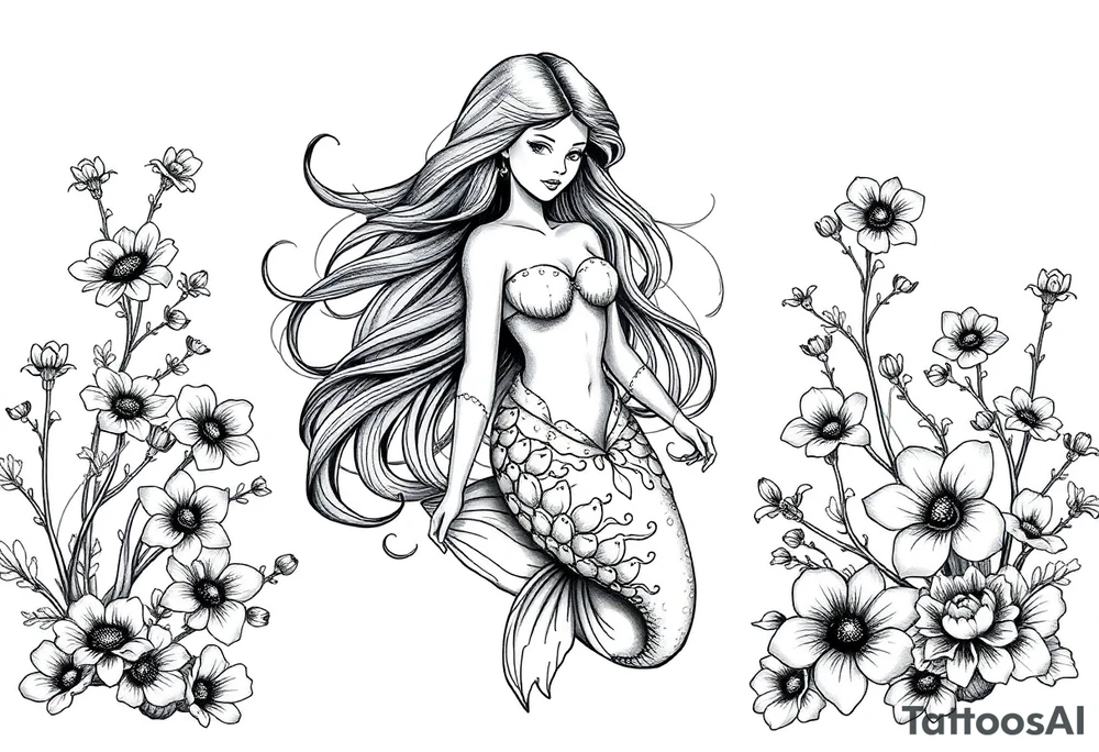 ethereal mermaid with flowing hair among coral and sea flowers tattoo idea
