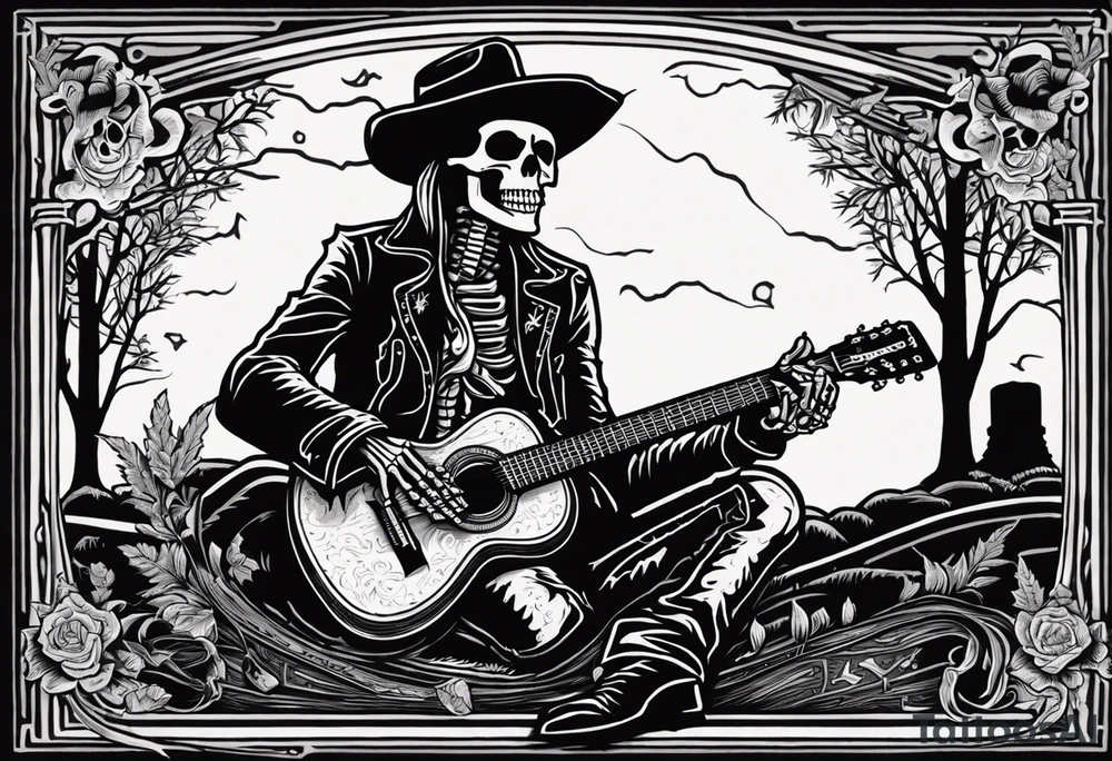 A skeleton with a cowboy hat on playing the guitar while sitting on a gravestone engraved with the words "Still Kickin'" and a pair of cowboy boots. The skeleton should be all bones and the sole should be more similar to a flash tattoo tattoo idea