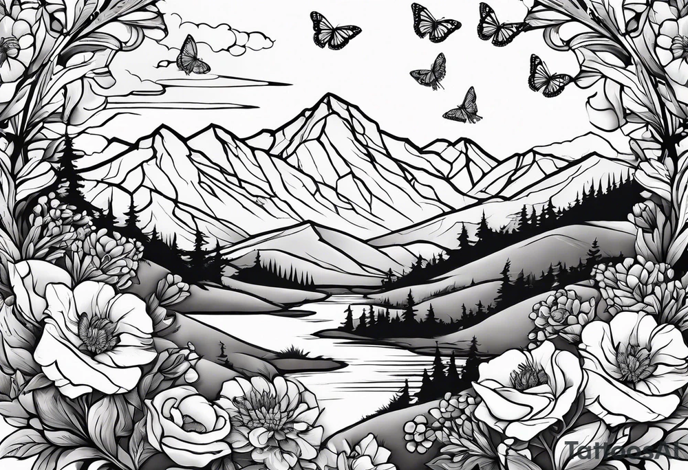 Rocky mountain peak with mountain blue birds and monarch butterflies with wild prairie roses for a half sleeve tattoo idea