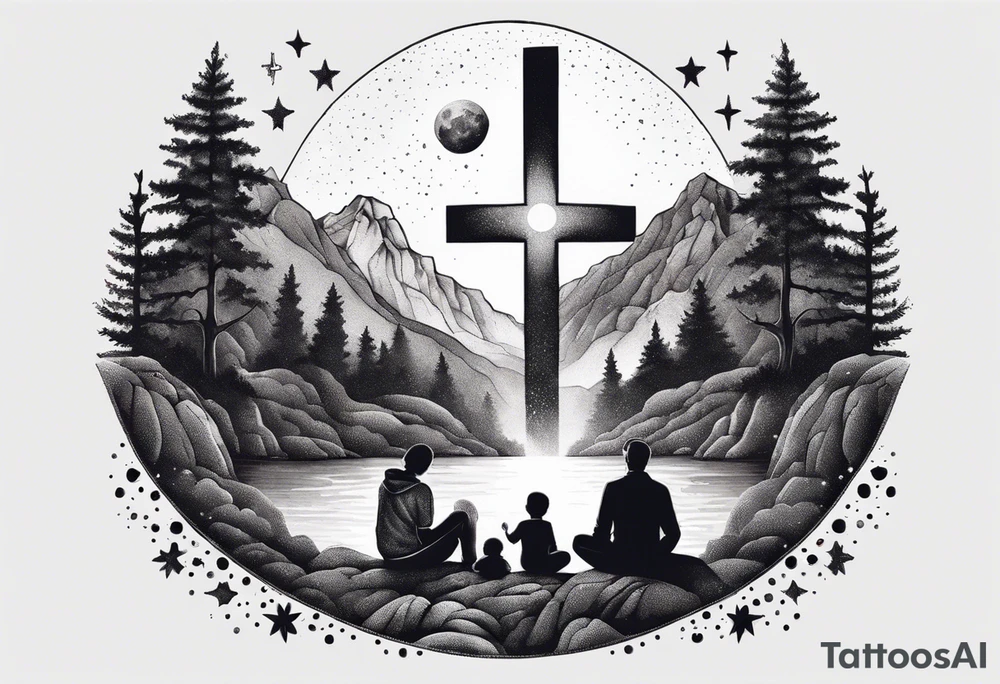 a family of three sitting in a nature with mountains, waterfall, water, and a cross in the background and and moon in the sky with stars tattoo idea