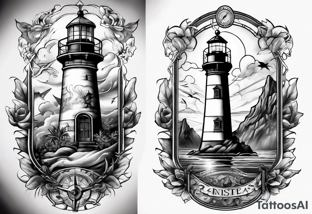 full sleeve tattoo with compass, lighthouse, bermuda triangle, crown and anchor dice, lightning in background tattoo idea