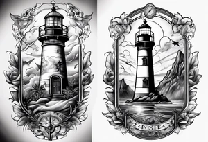 full sleeve tattoo with compass, lighthouse, bermuda triangle, crown and anchor dice, lightning in background tattoo idea