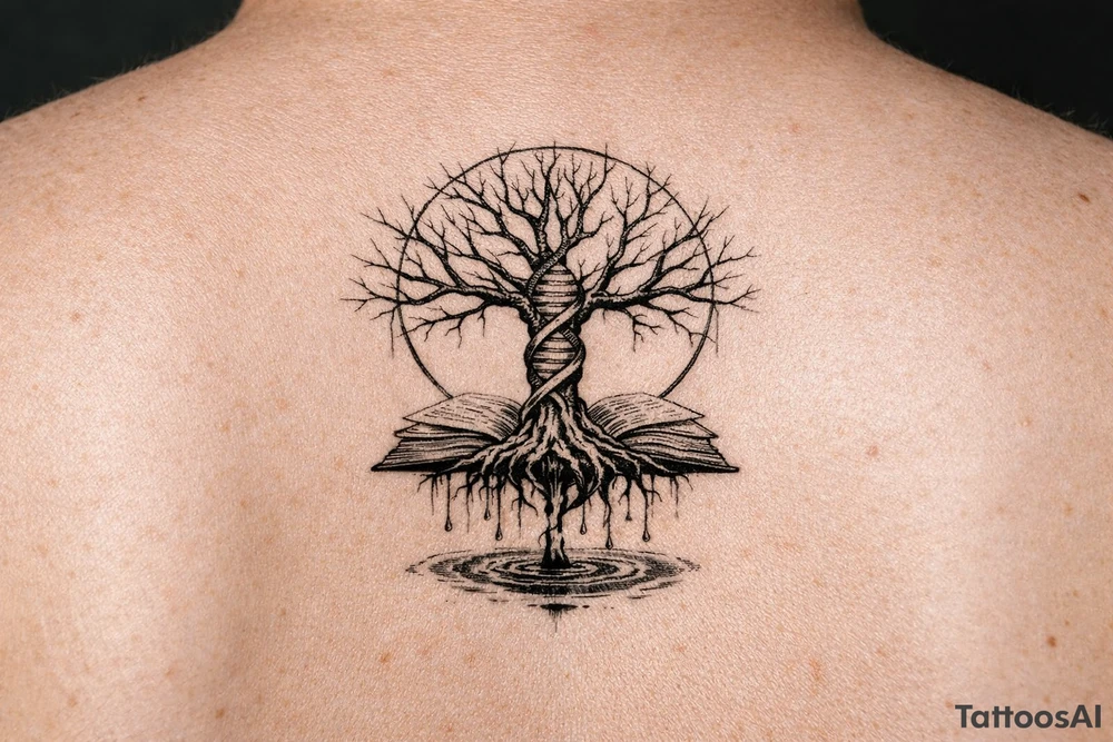 tree of life with a dna spiral for the trunk, bare branches spreading out at different lengths in a geometric circle, and roots sprouting through open books, with water dripping from the roots into a puddle tattoo idea