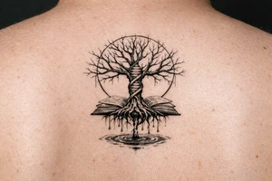 tree of life with a dna spiral for the trunk, bare branches spreading out at different lengths in a geometric circle, and roots sprouting through open books, with water dripping from the roots into a puddle tattoo idea