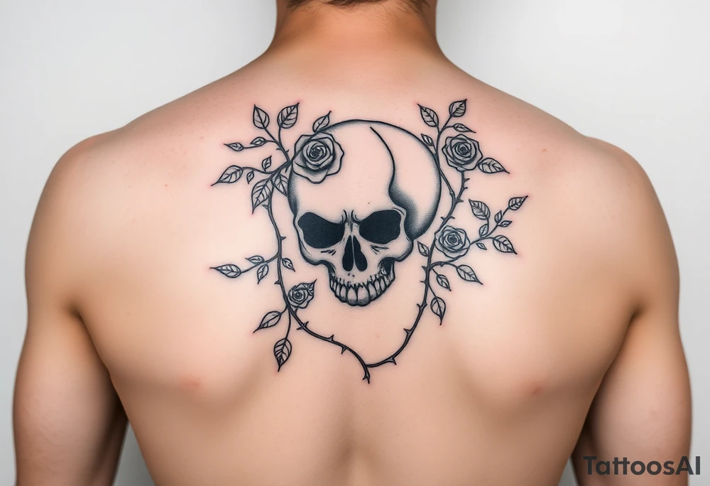 gothic skull intertwined with climbing roses and thorny vines tattoo idea