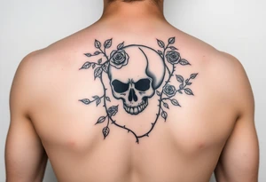 gothic skull intertwined with climbing roses and thorny vines tattoo idea