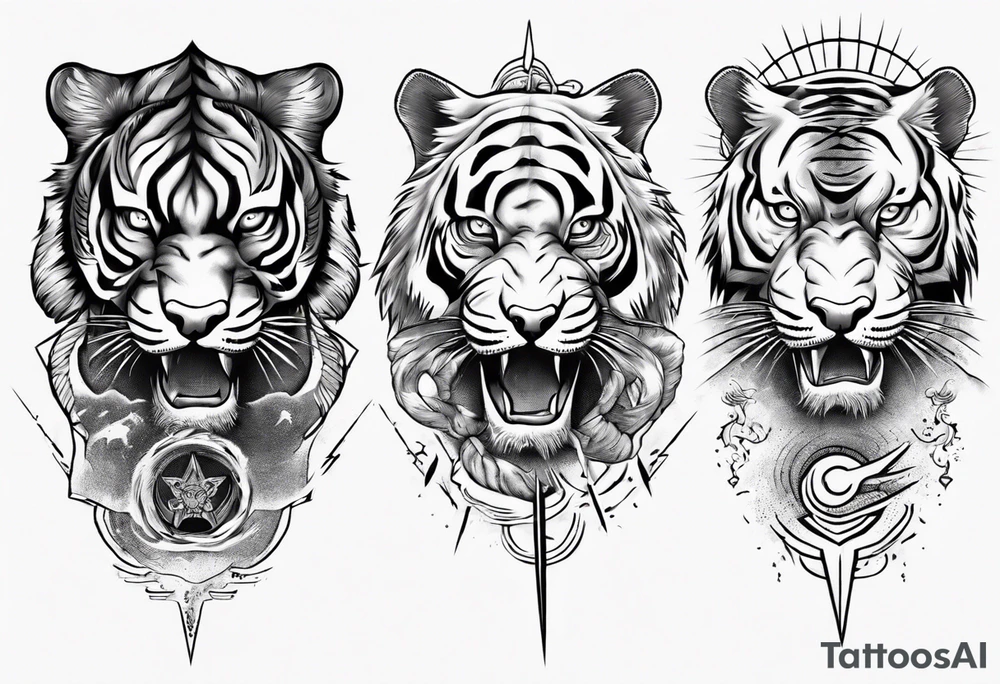 Ancient tiger with lightning and a sun for a forearm sleeve. With patterns surrounding it tattoo idea