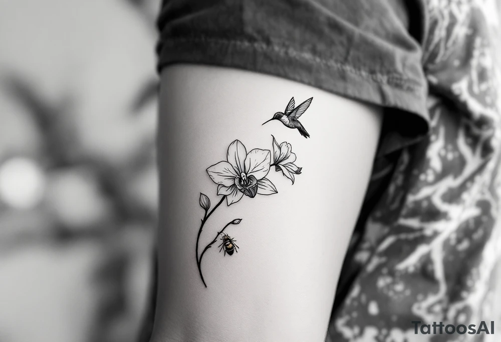 A delicate, black and white fine-line tattoo for male, featuring gracefully detailed 2 orchids in full bloom including their stems, with soft, intricate petals and elegant curves. Beside it, a hummingbird hovers mid-flight, its wings drawn with subtle motion lines, its slender beak reaching toward the orchid’s center to drink its nectar. on the other flower there is a bee that is resting tattoo idea