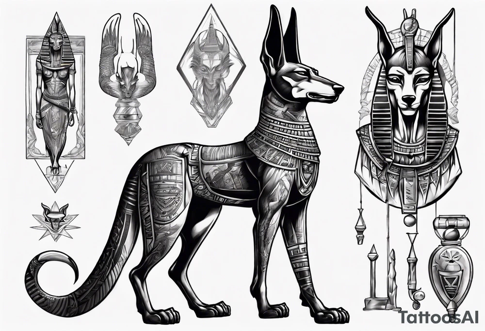 Anubis with some Egyptian mythology background that is 20 cm in length and 10 - 12 cm wide tattoo idea