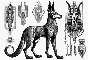 Anubis with some Egyptian mythology background that is 20 cm in length and 10 - 12 cm wide tattoo idea