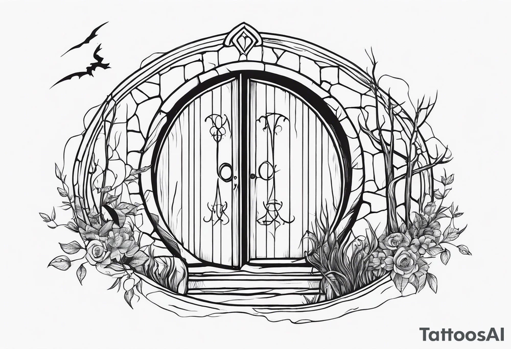 Lord of the rings and Harry Potter movie mashup. Small and simple. Not too much artistic detail. Hobbit door hole, wands, elvish writing, deathly hallows tattoo idea