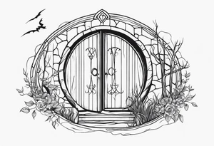 Lord of the rings and Harry Potter movie mashup. Small and simple. Not too much artistic detail. Hobbit door hole, wands, elvish writing, deathly hallows tattoo idea