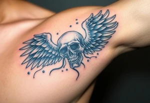 A skull-faced angel surrounded by swirling winds, colored in shades of dark blue and silver, with faint glowing orbs of light. tattoo idea