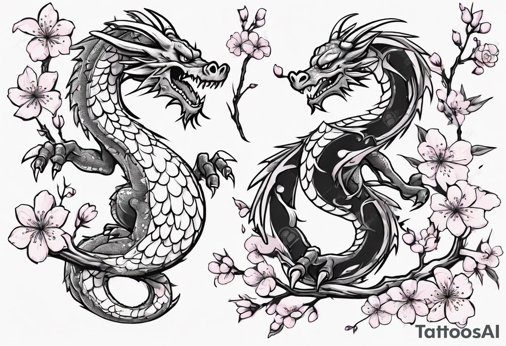cartoon dragon on cherry blossom branch tattoo idea