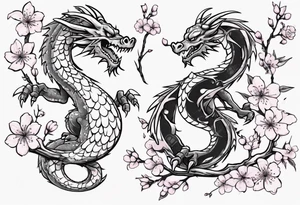 cartoon dragon on cherry blossom branch tattoo idea