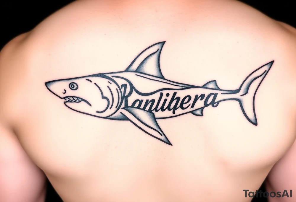 tribal shark with Rangiroa text on the back tattoo idea