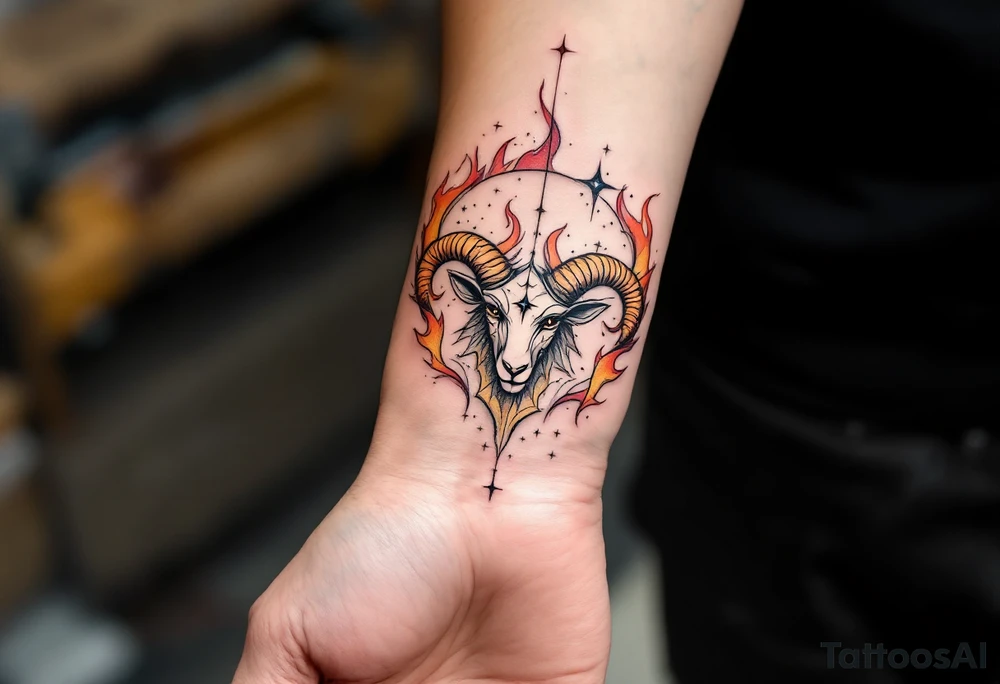 A dynamic Aries design frames the Aries star constellation in vibrant flame motifs of orange, red, and yellow. tattoo idea