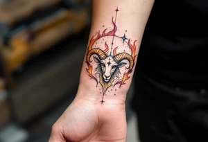 A dynamic Aries design frames the Aries star constellation in vibrant flame motifs of orange, red, and yellow. tattoo idea