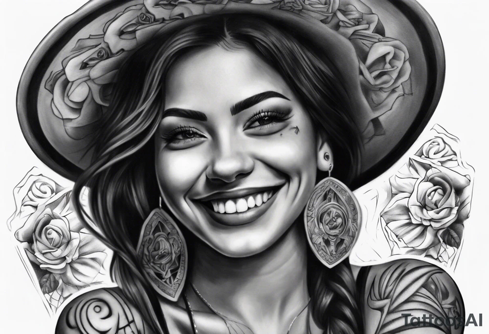 Chicano style woman smiling street photorealism tattoo idea