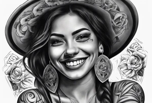 Chicano style woman smiling street photorealism tattoo idea