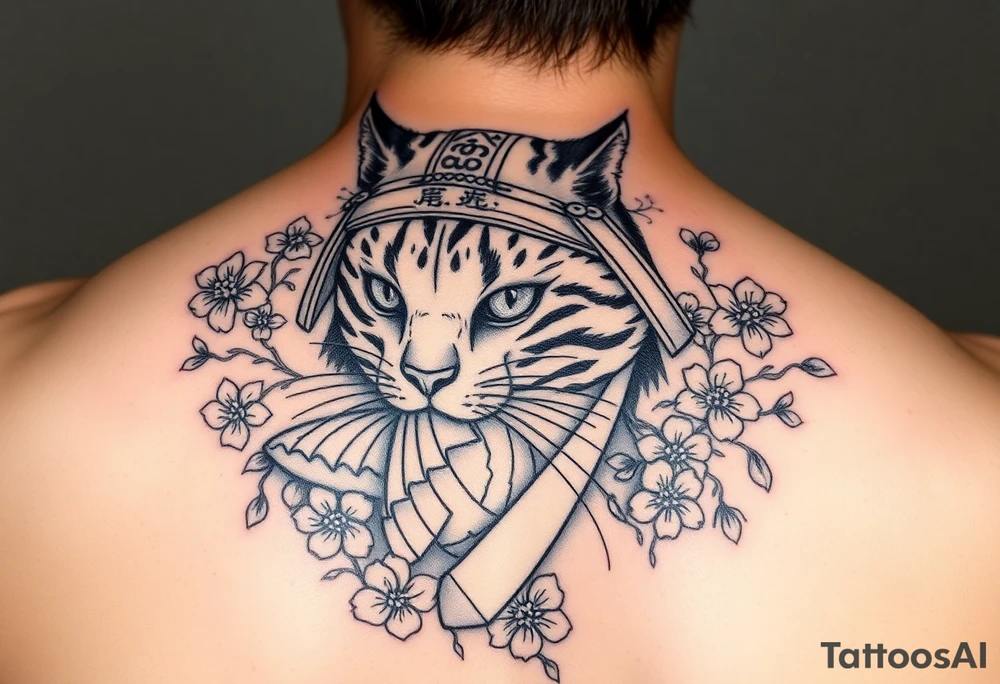 Bengal cat that’s missing one eye , dressed as a Japanese samurai warrior surrounded by cherry blossoms tattoo idea