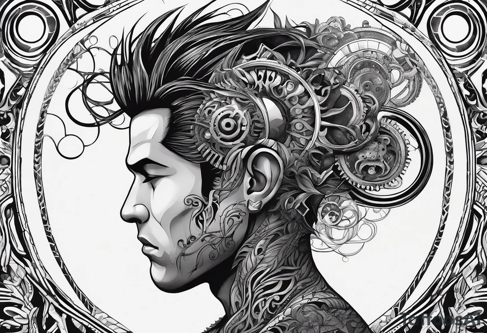 elongated plant-like pattern for hair growing from a slightly pained male face, with a mechanical designed brain showing efficient design tattoo idea