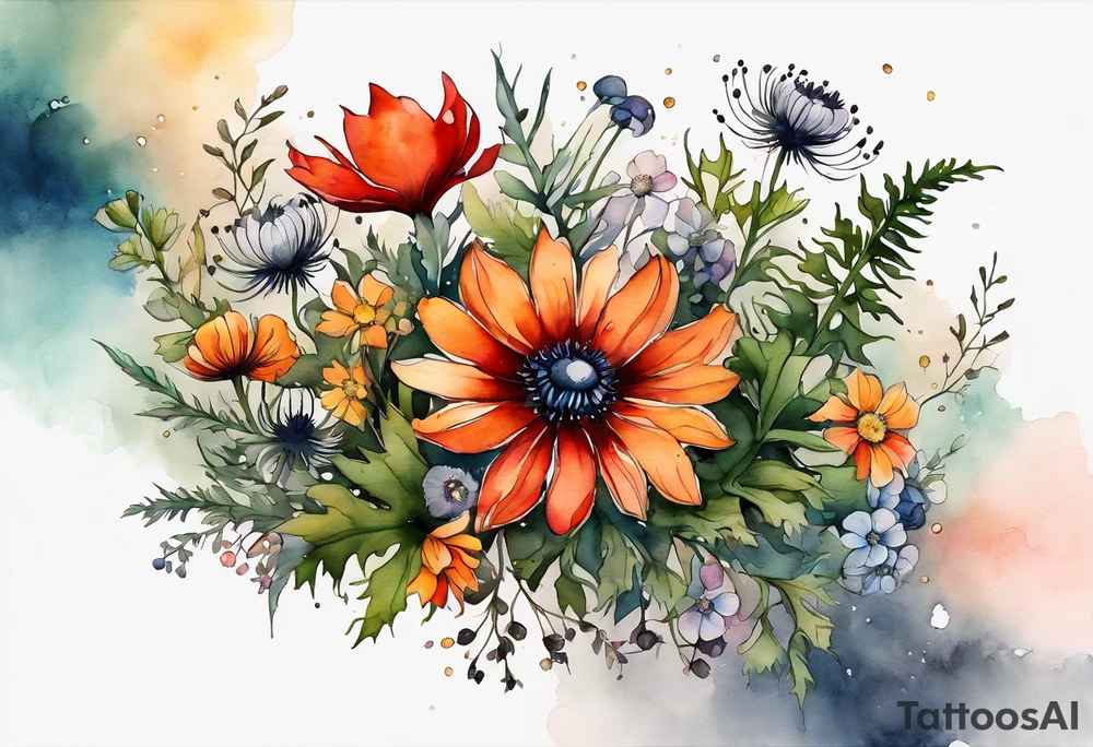 simple wildflowers cascading with thistles, ferns, white anemones, sun flowers, red flowers, black flowers, buttercups, orange flowers, babys breath and daisies all in watercolor tattoo idea