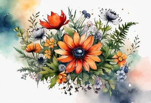 simple wildflowers cascading with thistles, ferns, white anemones, sun flowers, red flowers, black flowers, buttercups, orange flowers, babys breath and daisies all in watercolor tattoo idea