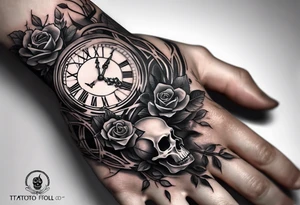 tattoo fool sleeve, tree roots break out of the chains at the bottom of the hand, Symbolizing loss, an image of a broken mask, Clock with flying numbers, girl, skull, roses tattoo idea