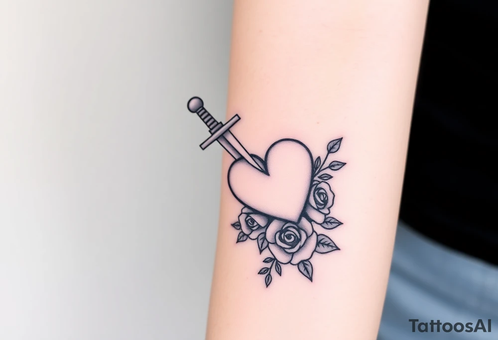 dagger piercing a heart with roses tattoo idea