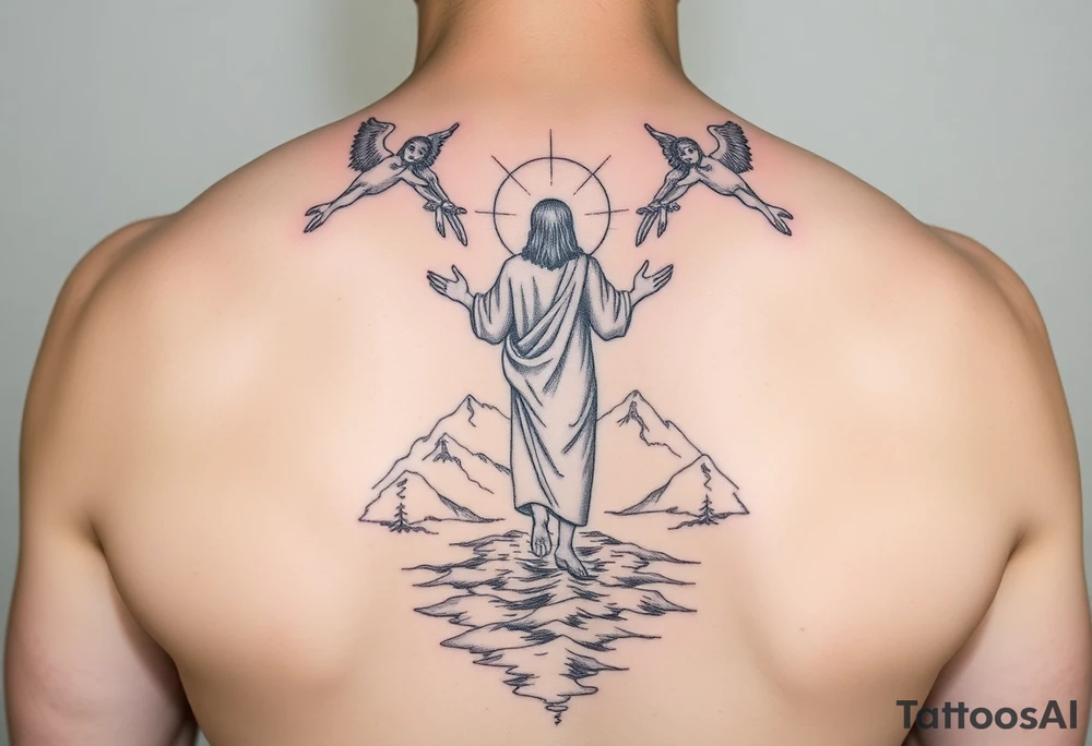 Jesus walking on water from behind with mountains around and two angels looking over him. tattoo idea
