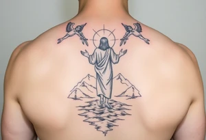 Jesus walking on water from behind with mountains around and two angels looking over him. tattoo idea