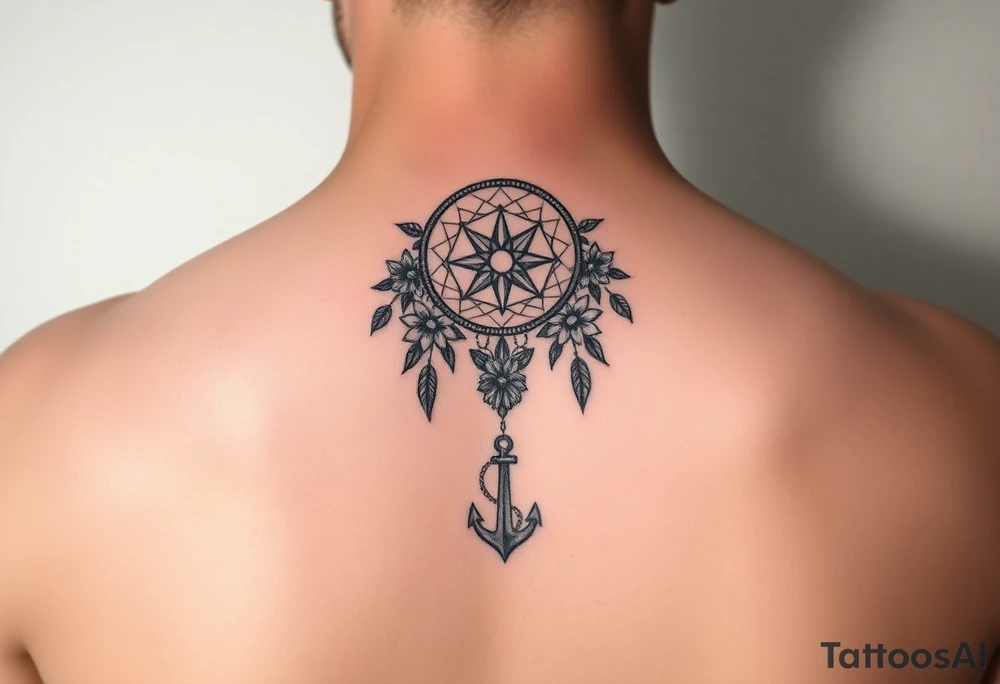 Boho dream catcher with compass and anchor Beautiful flowers and an ornamental chandelier like look tattoo idea
