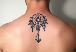 Boho dream catcher with compass and anchor Beautiful flowers and an ornamental chandelier like look tattoo idea