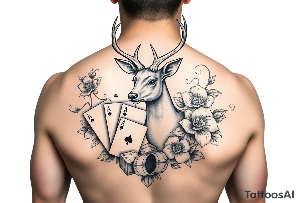 Casino theme with deer cards, dice poker, chips, and flowers and swirls in the background for a sleeve half sleeve tattoo idea