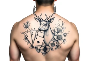 Casino theme with deer cards, dice poker, chips, and flowers and swirls in the background for a sleeve half sleeve tattoo idea