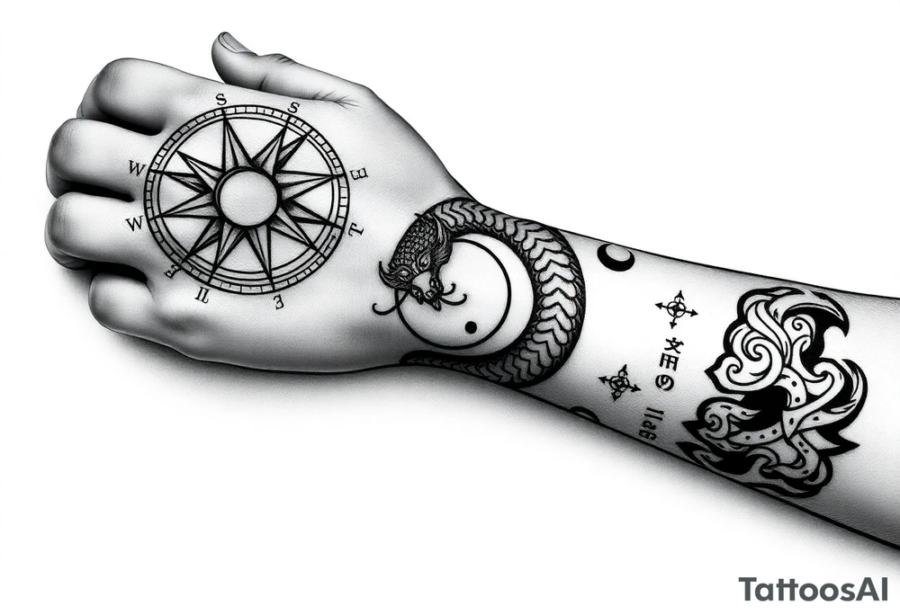 Blackwork tattoo from hand to elbow in a tribal, spiritual style. Vegvisir compass on the hand, carved in rough rune style, inside a radiant Thai sun disc. Each finger has a minimal rune: Tiwaz, Eiwaz, Algiz, Sowilo, Ansuz. A coiling serpent or dragon wraps the forearm — Japanese flow with a Viking beast head. Inside the coil is a Yin-Yang with a broken runic circle, tiny sun and moon inside. Vertical script on the inner forearm: either Bushidō (武士道) or Old Norse runes. Background includes Nordic knotwork, Thai swirls, Japanese waves. Hidden details: crossed swords, faint Hannya mask, sak yant diamonds. Bold black ink with rough, carved texture. tattoo idea