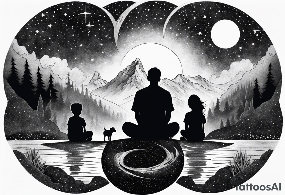 a family of three sitting in a nature with mountains, waterfall, water, and a cross in the background and and moon in the sky with stars tattoo idea